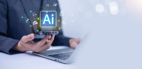  Business data using AI technology background using computer customer service showing data connection storing various data with AI to help simplify documents
