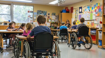 A child in a wheelchair utilizing inclusive classroom technology to foster participation and learning opportunities