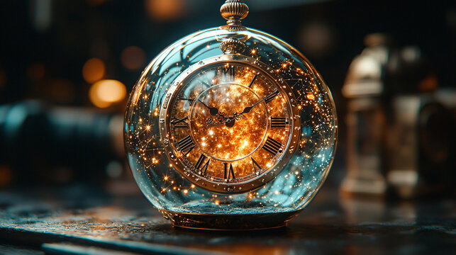Pocket watch crystal orb suspended floating timepiece detailed gear exposed mechanism glowing light magical antique surreal transparent sphere intricate steampunk design elegant gold blue background