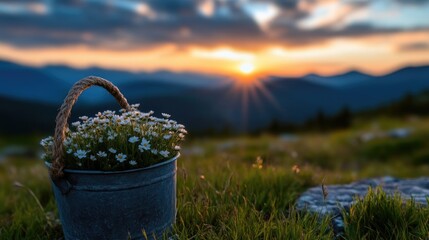 Fototapeta premium Tiny flowers in a metal bucket at sunset over mountains