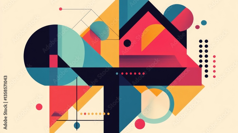 Poster abstract geometric art design with colorful shapes and bold lines on a soft background