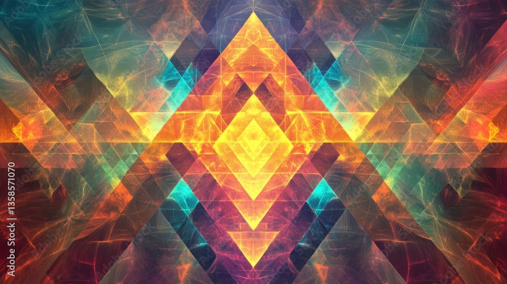 Poster vibrant abstract geometric pattern with colorful triangles and radiant shapes in dynamic composition