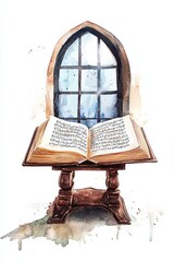 Fototapeta premium Watercolor painting of a peaceful prayer corner with an arched window and soft moonlight. The open Quran rests quietly on a carved stand, on isolated white background