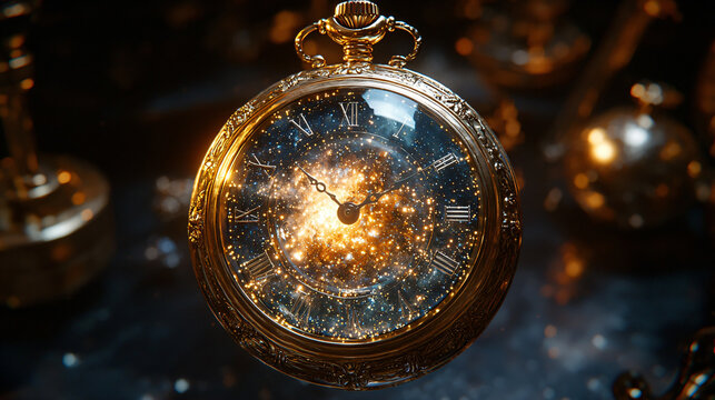 Pocket watch crystal orb suspended floating timepiece detailed gear exposed mechanism glowing light magical antique surreal transparent sphere intricate steampunk design elegant gold blue background - Powered by Adobe