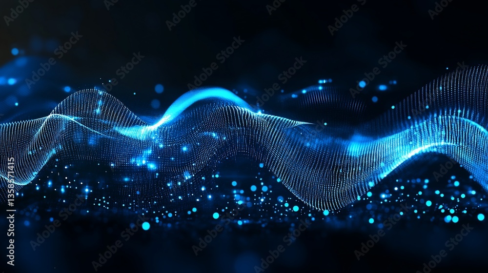 Poster abstract blue wave of glowing particles on a dark background with bokeh effects