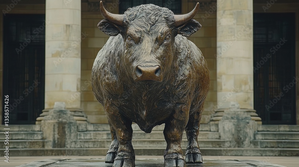 Poster an imposing bull statue in front of a building symbolizing intelligent capital allocation in stock m