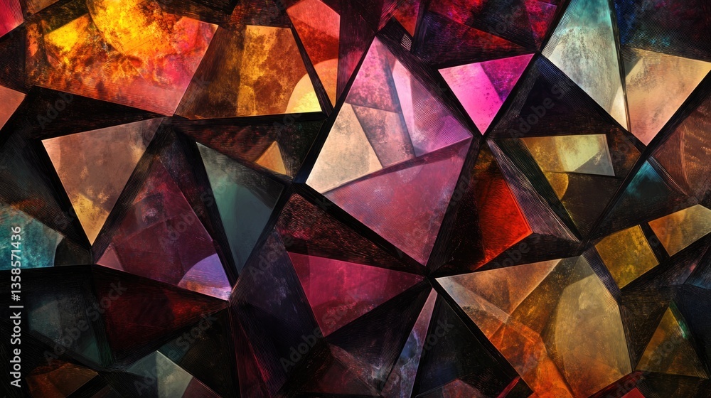 Poster abstract geometric pattern with colorful facets and textures creating a multidimensional visual expe