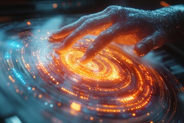 A futuristic hand interacts with a glowing digital planet, illustrating the connection between humanity and advanced technology.