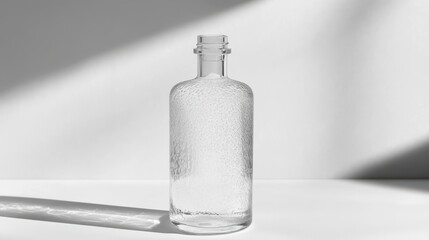 Elegant transparent frosted water toner bottle display minimalist studio product photography artistic environment