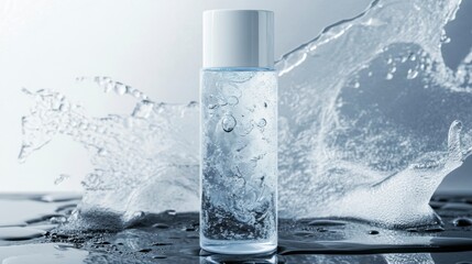 Refreshing transparent water toner bottle studio setting product photography clean aesthetic close-up beauty concept