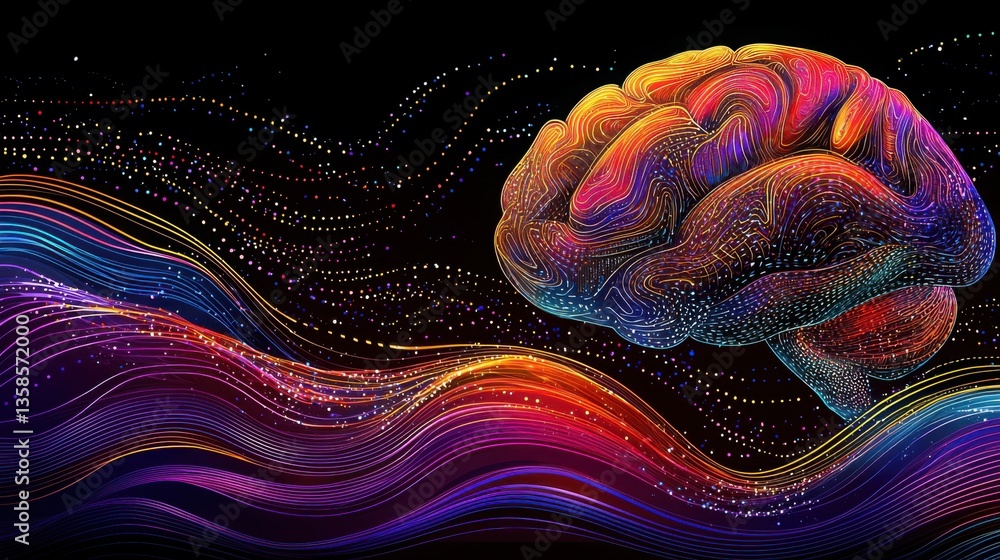 Poster colorful brain visualization with dynamic lines representing intelligent trade execution algorithms 