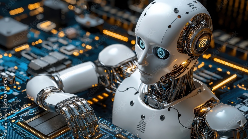 Poster futuristic robot with computer motherboard indicating the rise of iot startup companies and technolo