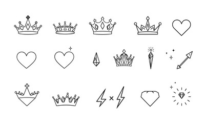 Elegant crown designs and heart symbols in various styles, showcasing creativity and charm. These illustrations can be used for decorative purposes, invitations, or branding