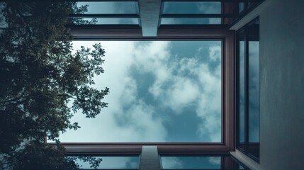 a view under a glass table looking up at the sky. The frame around the glass table is dark wood. Cinematic aesthetic. --ar 16:9 --style raw --v 6.1 Job ID: f9d2d9bf-a436-4d27-945e-568337c4222f