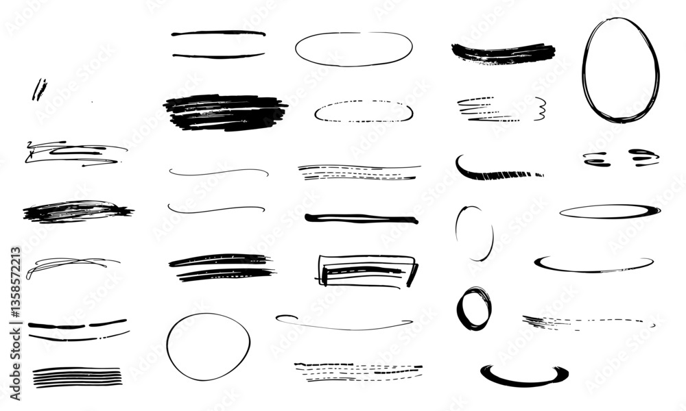 Poster hand drawn strokes in various shapes and sizes, showcasing artistic lines and curves that can enhanc