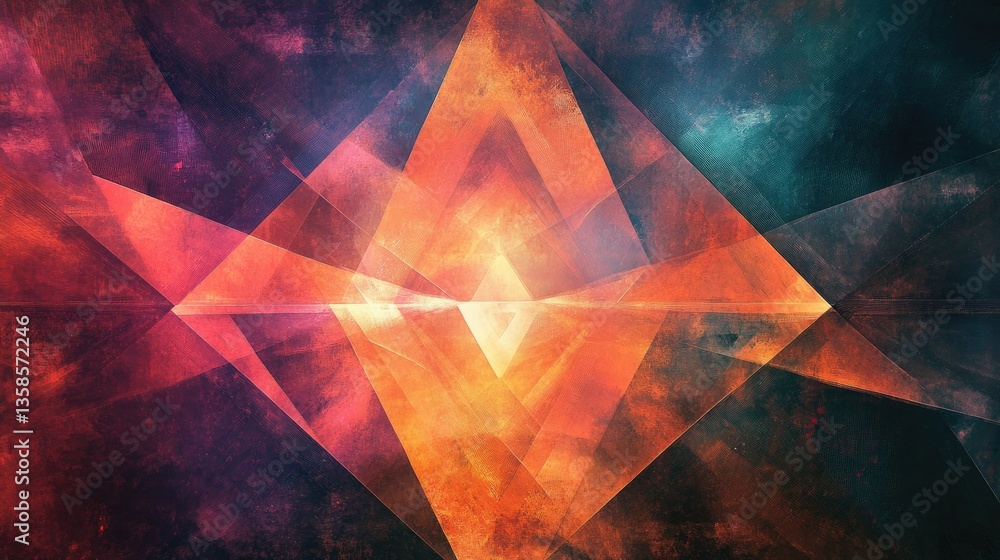 Poster abstract geometric design with vivid colors and bright triangular shapes on textured background