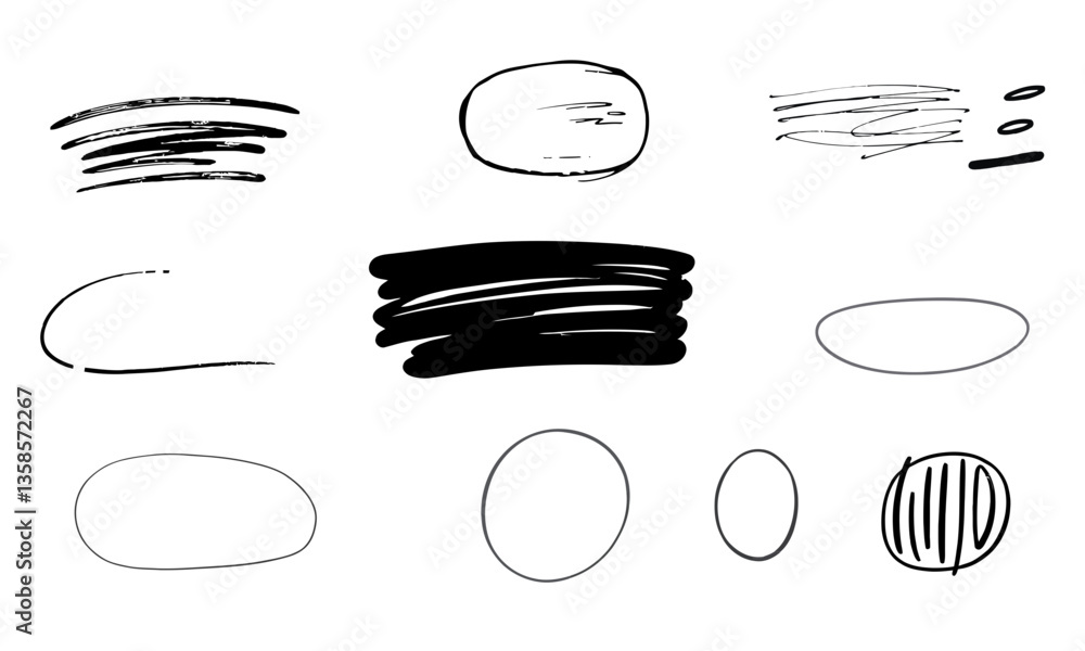 Poster hand drawn strokes and shapes in various styles, showcasing artistic expression and creativity. thes