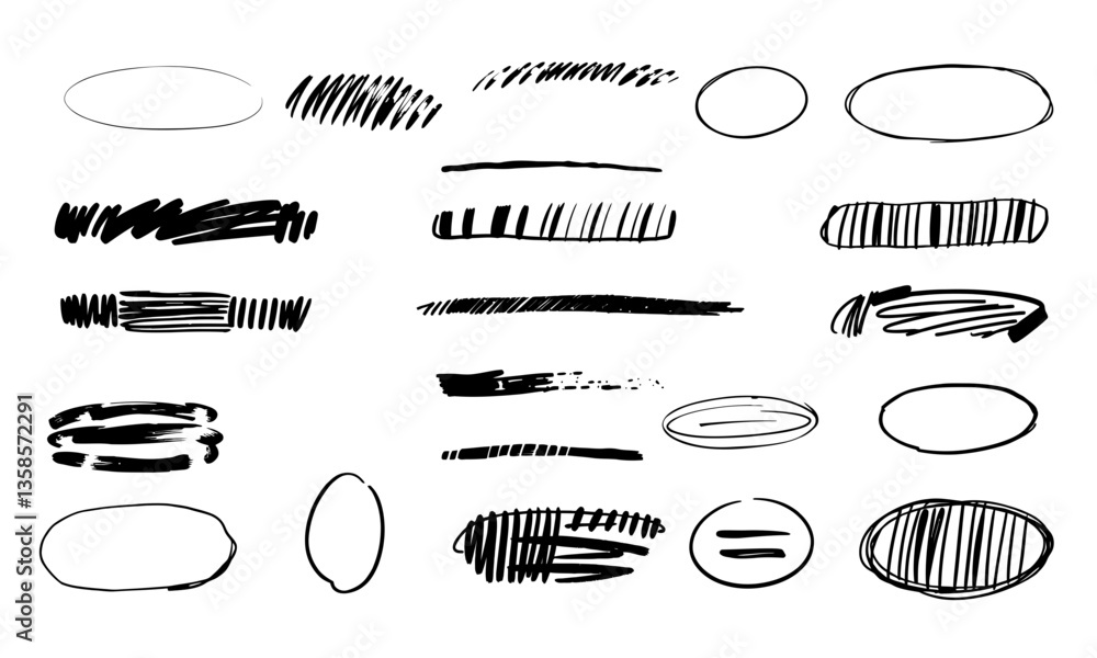 Poster hand drawn strokes in various styles and shapes, showcasing range of textures and line thicknesses. 