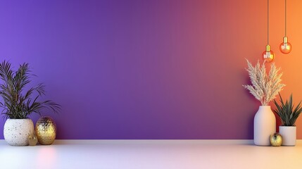 A comet-inspired gradient wall transitioning from deep purple to fiery orange, offering a bold and dynamic setting with room for branding messages,