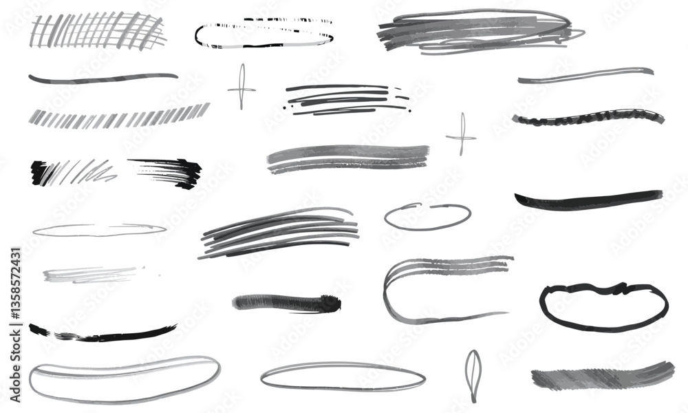 Poster hand drawn strokes in various styles and thicknesses, showcasing range of artistic expressions. thes