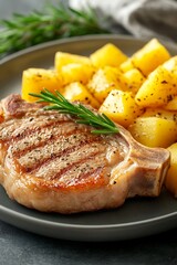 Grilled Pork Chop with Roasted Potatoes.