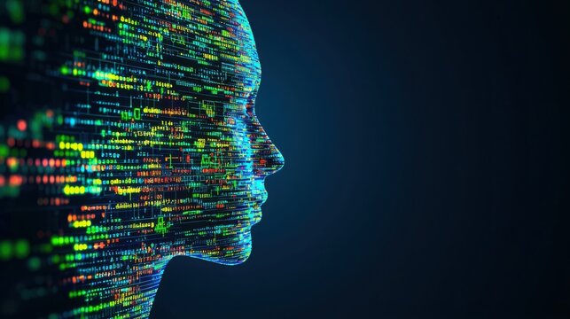 A person's head displaying a digital binary code pattern representing machine learning applications in asset rebalancing