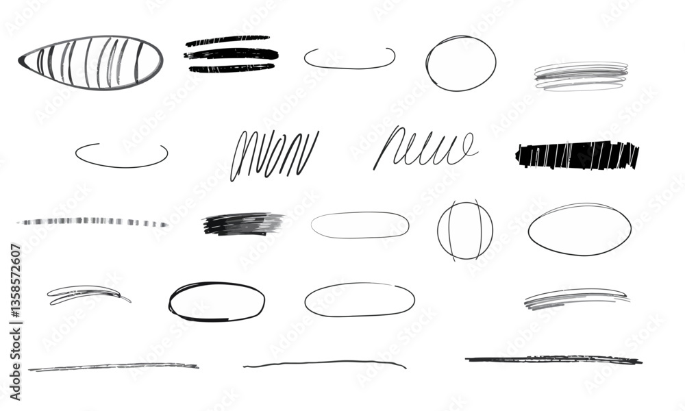 Poster hand drawn strokes in various shapes and styles, showcasing mix of lines, ovals, and circles. these 