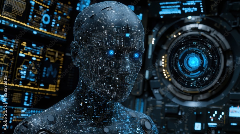 Poster futuristic robot in a high-tech environment representing machine learning applications in financial 