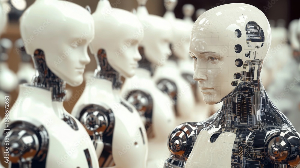 Aufkleber advanced robot surrounded by numerous white heads symbolizing machine learning in global equity dive