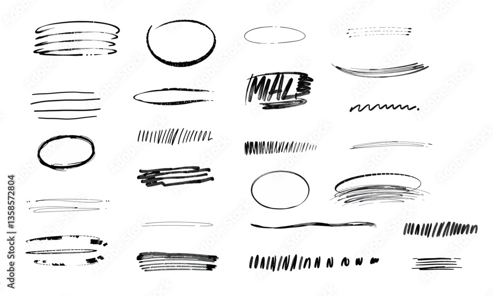 Poster hand drawn strokes in various styles and thicknesses create dynamic visual texture, perfect for arti