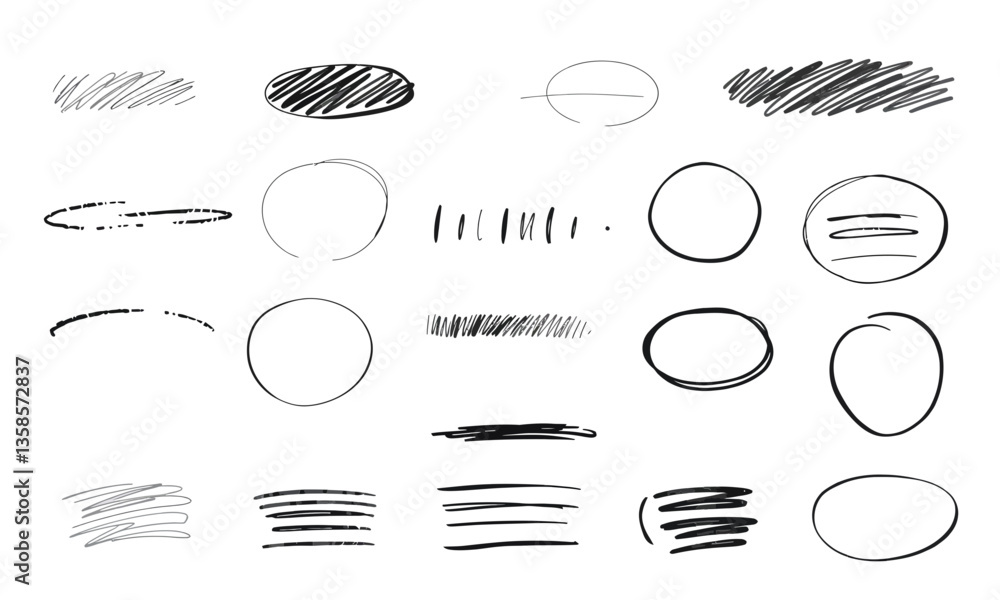 Poster hand drawn strokes and shapes in various styles, showcasing range of textures and forms. these artis