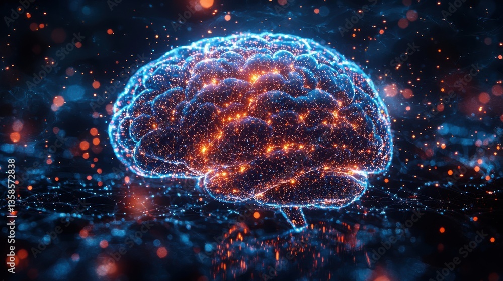 Poster brain surrounded by a dark background illustrating the complexity of human thought and neural proces