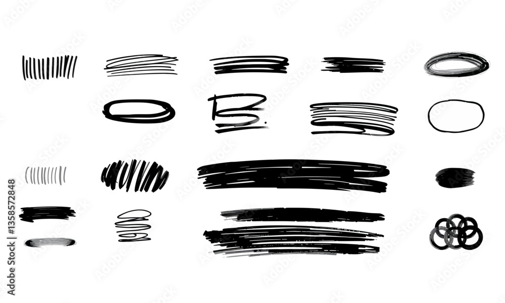 Poster hand drawn strokes in various styles and thicknesses, showcasing artistic lines and shapes. these ve
