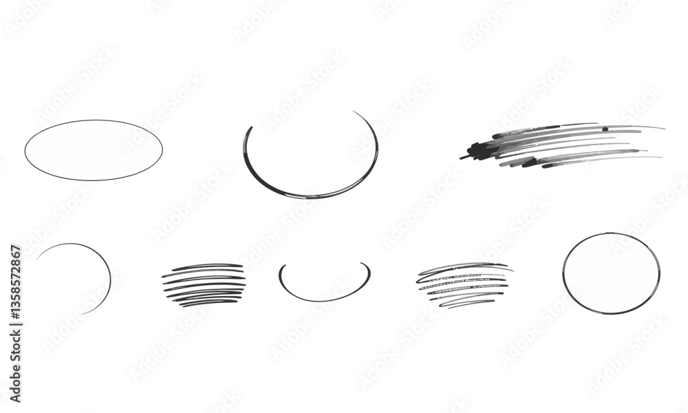 Poster hand drawn strokes and shapes in various styles, including circles and lines, create dynamic and art