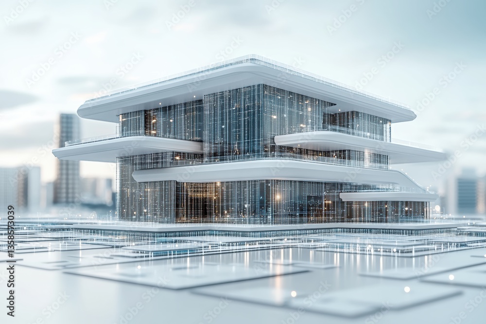 Poster a modern architectural masterpiece with sleek lines and large glass windows, showcasing innovative d