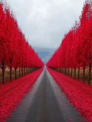Fiery red maple trees lining the road late autumn landscape breathtaking natural viewpoint gigapixel beauty