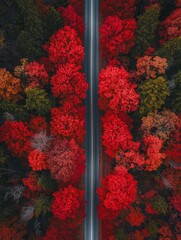 Fiery red maple trees in late autumn scenic road nature photography aerial view gigapixel standard