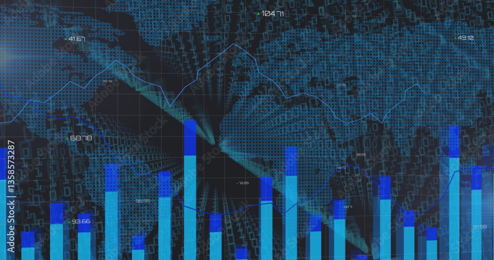 Poster image of statistics and lines recording over world map and numbers changing