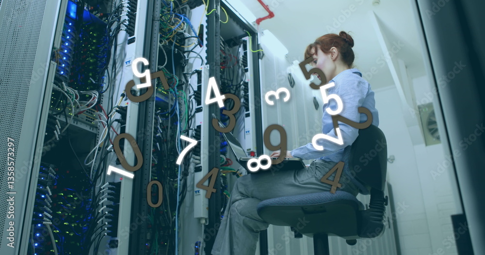 Poster image of numbers changing and processing over woman using laptop checking computer server