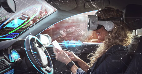 Image of 3d cityscape over woman wearing vr headset in self driving car