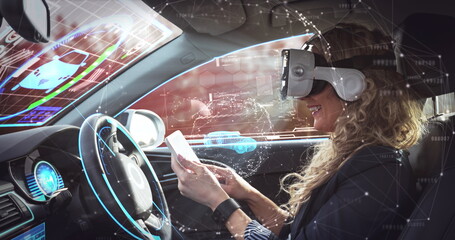 Image of 3d car drawing over woman wearing vr headset in self driving car