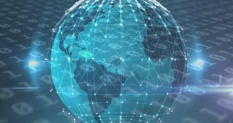 Image of globe with network and connections over binary coding