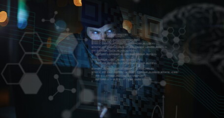 Image of data processing and glowing brain over hacker using computer