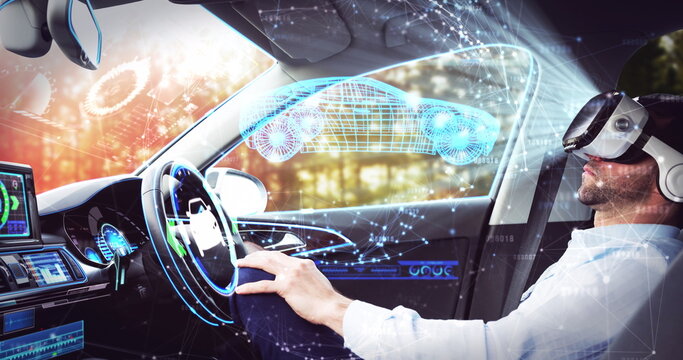 Image of 3d car drawing over businessman wearing vr headset in self driving car