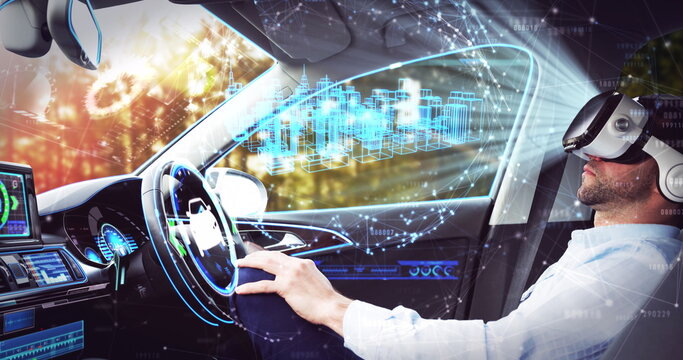 Image of 3d cityscape drawing over businessman wearing vr headset in self driving car