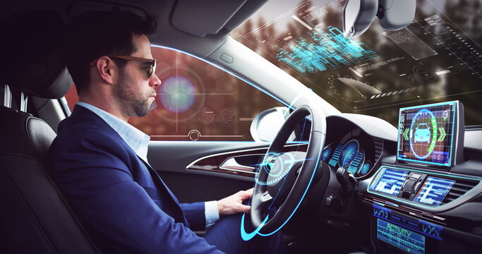 Image of digital interface over businessman in self-driving car