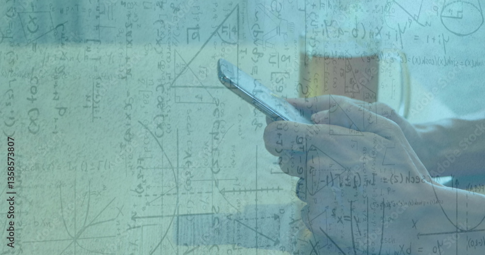 Poster image of mathematical formulae over man using smartphone
