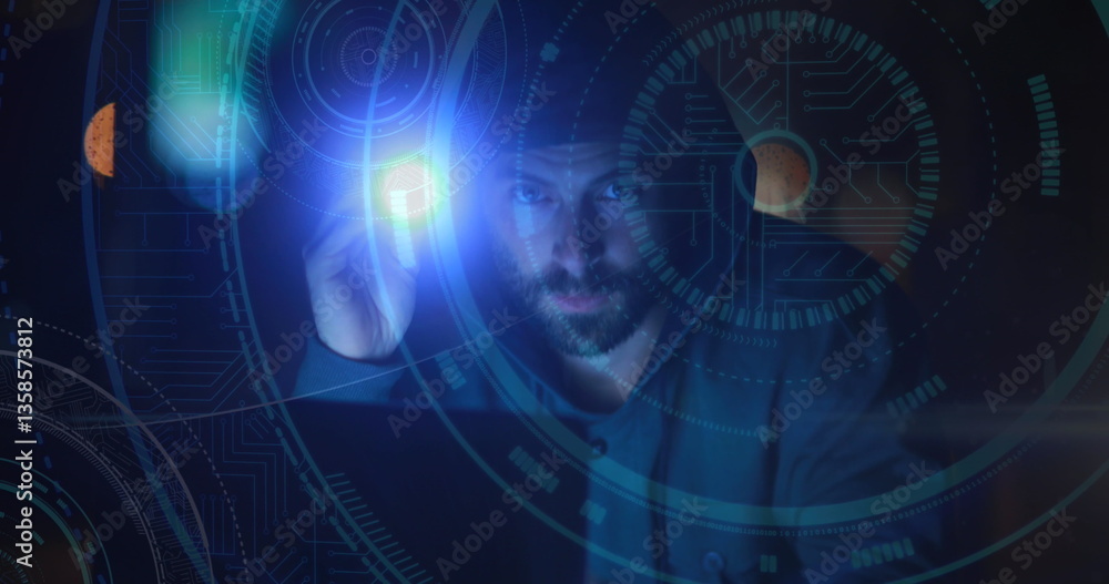 Poster image of scopes scanning and glowing spotlights over hacker with electric torch