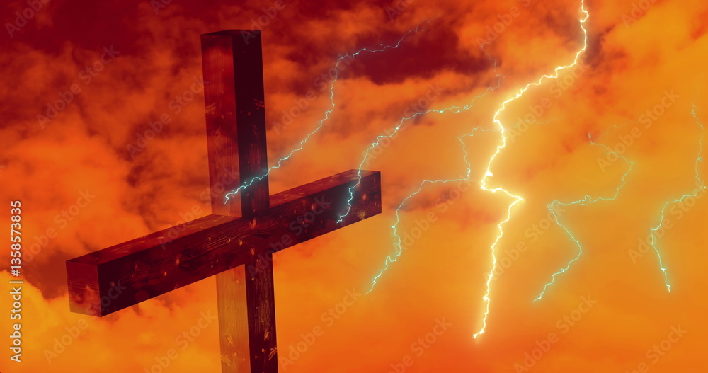 Poster digital composition of thunder effect over cross against clouds in the sky