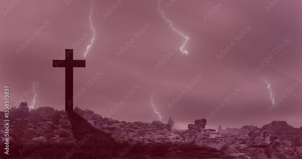 Poster digital composition of thunder effect over cross against clouds in the sky